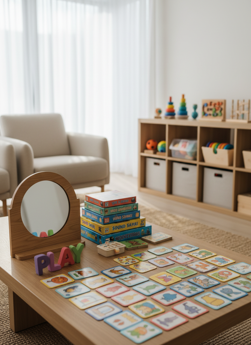A carefully arranged collection of speech therapy tools displayed on a low, natural wood table in a bright, modern living room. There are colorful picture cards, soft foam letters, a small mirror with a rounded frame, and a tidy stack of board games designed for language practice. In the background, shelves hold neatly organized bins and tactile toys for infants, toddlers, and school-age children. Soft morning light filters through sheer curtains, creating gentle highlights on the smooth surfaces and casting calm shadows. Photographic realism, eye-level composition, with a shallow depth of field that keeps the therapy tools in sharp focus while the cozy, family-friendly home environment softly blurs behind, conveying a sophisticated yet welcoming atmosphere.