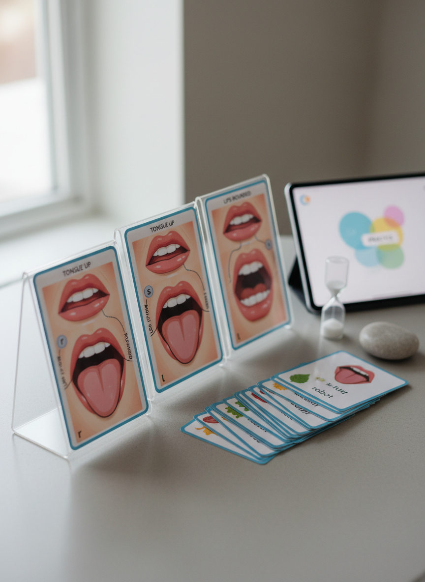 A detailed close-up of a speech therapy articulation station for school-age children, styled with photographic realism on a matte, light-gray tabletop. Crystal-clear acrylic stands hold illustrated mouth-position diagrams, while a neat stack of laminated practice cards fans out beside a small sand timer and a smooth, stone-like fidget object. In the background, slightly blurred, a slim tablet displays a paused pronunciation app with soft, colorful shapes. Neutral, indirect daylight from the side creates crisp yet gentle shadows, highlighting edges and glossy laminations. The composition is carefully arranged along a diagonal, drawing the viewer’s eye through the materials. The mood is focused yet inviting, suggesting structured, evidence-based sessions that are still approachable and child-friendly.
