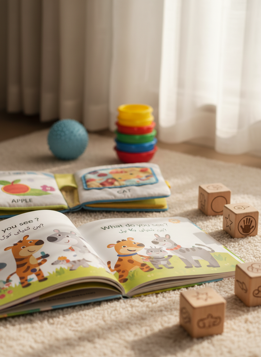 A close-up, photographic view of a play-based speech therapy corner arranged on a plush, cream-colored rug. Wooden blocks engraved with simple symbols, soft fabric picture books in English and Urdu, and a bilingual storybook gently opened to a colorful page form the core of the scene. Nearby, a small, textured sensory ball and a set of nesting cups suggest activities for infants and toddlers. Diffused afternoon light from an unseen window bathes the space in a warm, even glow, with subtle shadows adding depth. The composition follows the rule of thirds, emphasizing the open book while the other materials lead the eye around the frame. The mood is calm, nurturing, and intellectually rich, matching a sophisticated, evidence-based therapy setting.