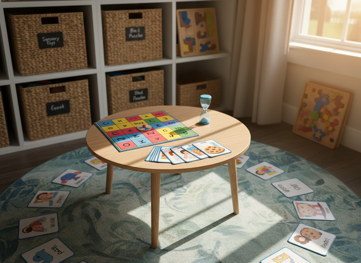 An inviting in-home therapy play space designed for preschoolers and school-age children, captured in photographic realism from a slightly elevated angle. A low, round table holds a structured board game for language development, colorful sequencing cards, and a small timer, all arranged in a tidy semicircle. Around the table, a soft floor mat displays a path of picture cards showing everyday actions and objects relevant to bilingual English-Hindi practice. Built-in shelves in the background contain neatly labeled bins and puzzles, subtly out of focus. Golden hour sunlight streams through a nearby window, creating a warm glow and elongated, gentle shadows. The atmosphere feels organized, nurturing, and thoughtfully planned, reflecting individualized, evidence-based speech therapy grounded in playful engagement.
