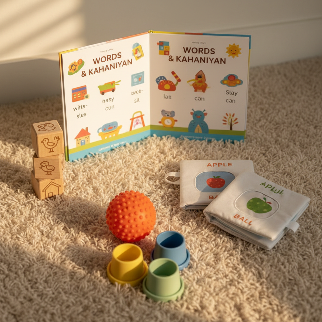 A close-up, photographic view of a play-based speech therapy corner arranged on a plush, cream-colored rug. Wooden blocks engraved with simple symbols, soft fabric picture books in English and Urdu, and a bilingual storybook gently opened to a colorful page form the core of the scene. Nearby, a small, textured sensory ball and a set of nesting cups suggest activities for infants and toddlers. Diffused afternoon light from an unseen window bathes the space in a warm, even glow, with subtle shadows adding depth. The composition follows the rule of thirds, emphasizing the open book while the other materials lead the eye around the frame. The mood is calm, nurturing, and intellectually rich, matching a sophisticated, evidence-based therapy setting.