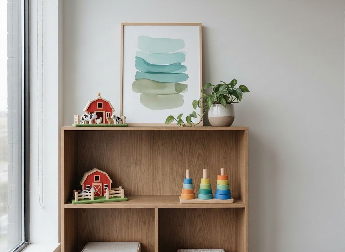 speech therapy A sophisticated, child-friendly therapy shelf vignette in photographic realism, framed closely at eye level. Open, light wood shelving holds a curated selection of language-rich toys: a wooden farm set for storytelling, stacked boxes with simple pictorial labels in multiple scripts, and a set of smooth, colorful stacking rings for toddlers. A framed, abstract print with soft blues and greens adds a calming accent above the shelf, while a small potted plant brings organic texture. Overcast daylight from a nearby window provides soft, diffused light with minimal shadows, emphasizing textures and subtle colors. The composition uses asymmetrical balance, with negative space to one side creating a serene, uncluttered feel. The mood is calm, intentional, and sophisticated, signaling high-quality, family-centered speech therapy services.