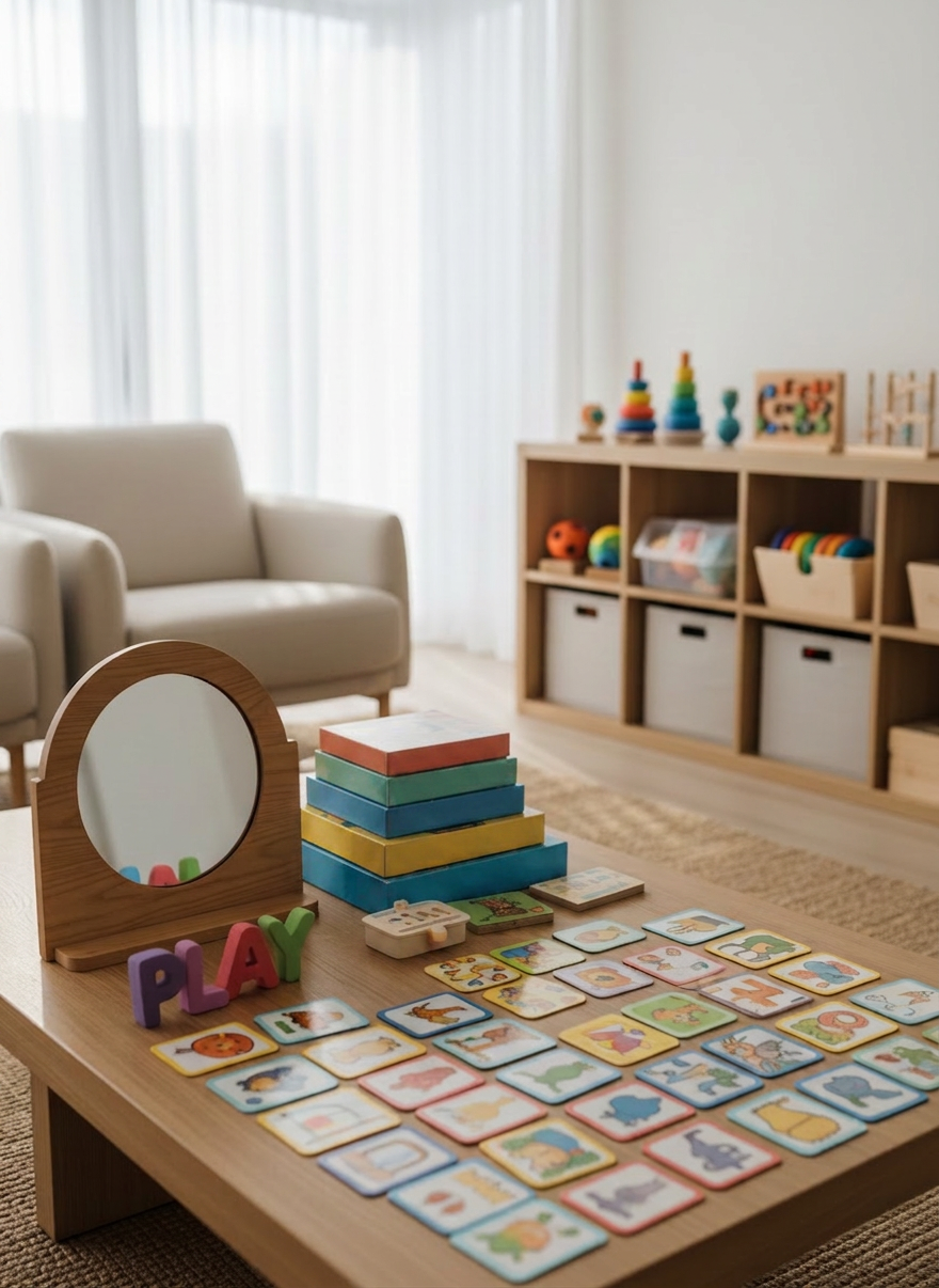 speech therapy A carefully arranged collection of speech therapy tools displayed on a low, natural wood table in a bright, modern living room. There are colorful picture cards, soft foam letters, a small mirror with a rounded frame, and a tidy stack of board games designed for language practice. In the background, shelves hold neatly organized bins and tactile toys for infants, toddlers, and school-age children. Soft morning light filters through sheer curtains, creating gentle highlights on the smooth surfaces and casting calm shadows. Photographic realism, eye-level composition, with a shallow depth of field that keeps the therapy tools in sharp focus while the cozy, family-friendly home environment softly blurs behind, conveying a sophisticated yet welcoming atmosphere.