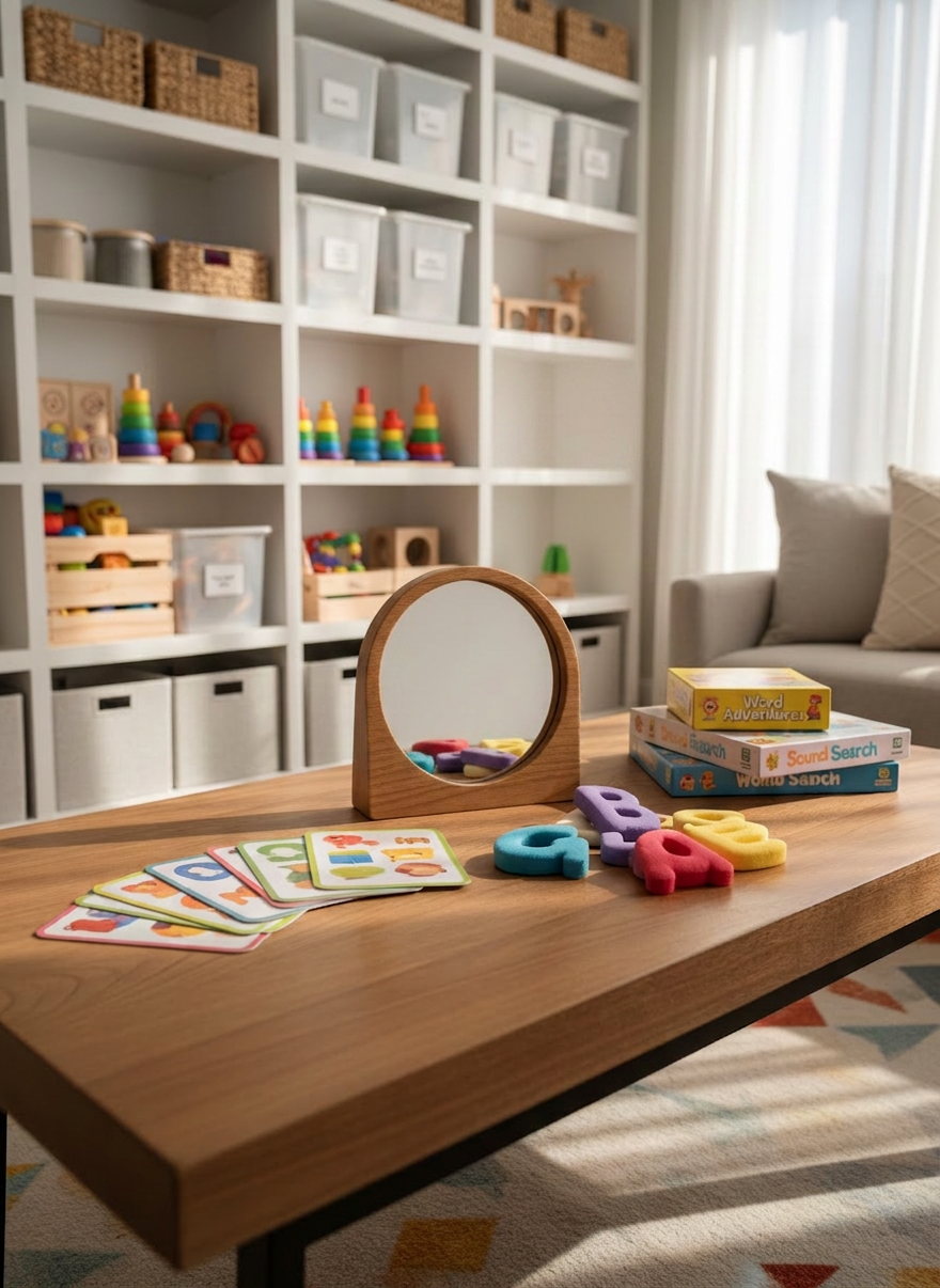 speech therapy A carefully arranged collection of speech therapy tools displayed on a low, natural wood table in a bright, modern living room. There are colorful picture cards, soft foam letters, a small mirror with a rounded frame, and a tidy stack of board games designed for language practice. In the background, shelves hold neatly organized bins and tactile toys for infants, toddlers, and school-age children. Soft morning light filters through sheer curtains, creating gentle highlights on the smooth surfaces and casting calm shadows. Photographic realism, eye-level composition, with a shallow depth of field that keeps the therapy tools in sharp focus while the cozy, family-friendly home environment softly blurs behind, conveying a sophisticated yet welcoming atmosphere.