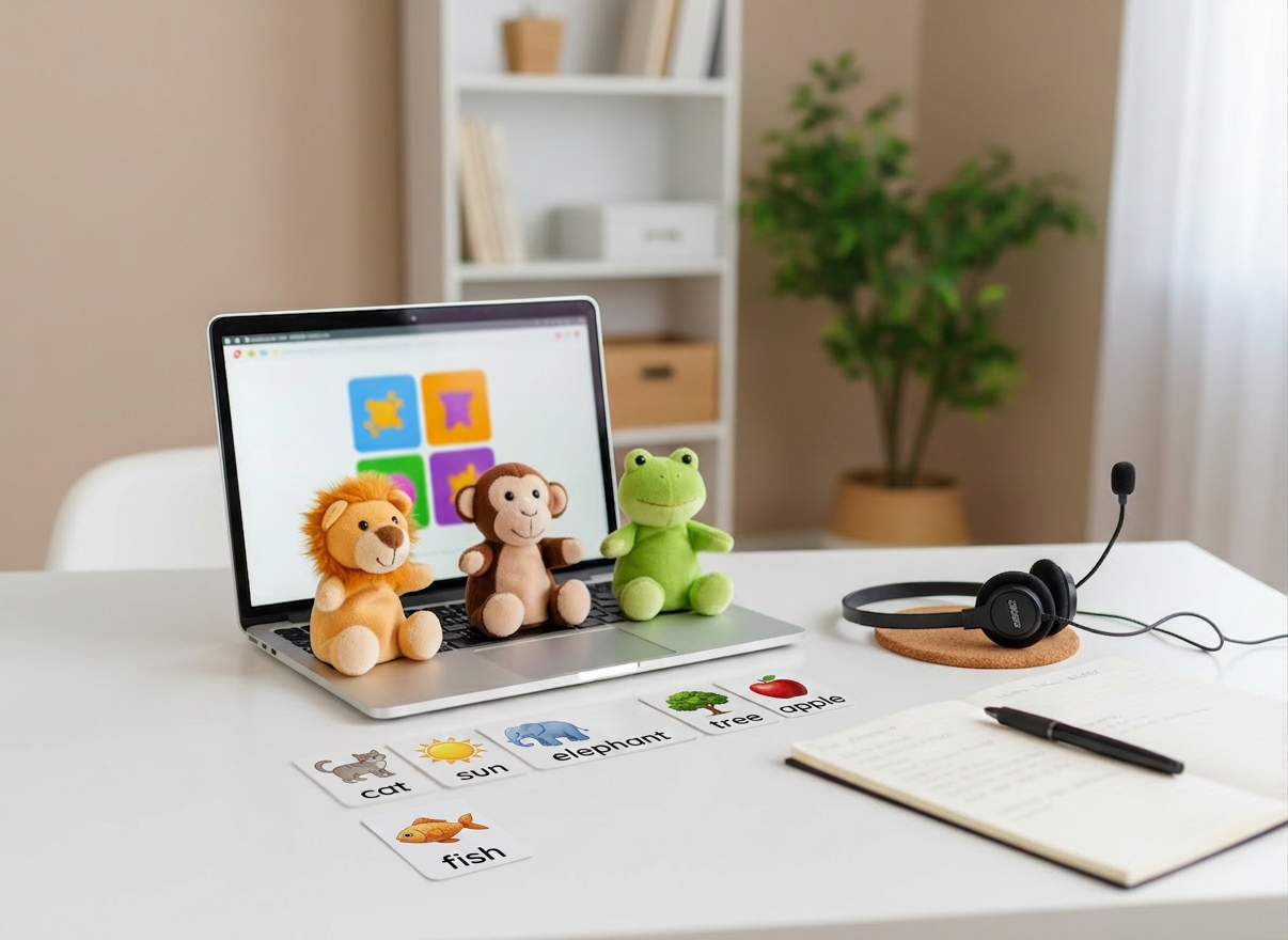 speech therapy A minimalist home teletherapy setup for pediatric speech-language services, photographed in realistic detail on a sleek, white desk. A slim laptop screen displays a blurred, colorful interface of a child-friendly language game, while in front of the laptop a small row of neatly arranged plush animal puppets and articulation picture cards await use. To the side, a high-quality headset rests beside a notebook with a pen, suggesting detailed, individualized planning. The background shows a softly out-of-focus, well-organized home office with neutral walls and a single green plant. Soft studio lighting from the front evenly illuminates the laptop and materials, creating gentle reflections and a clean, modern atmosphere. The composition is centered with a slight angle, evoking professionalism, warmth, and accessibility for families.