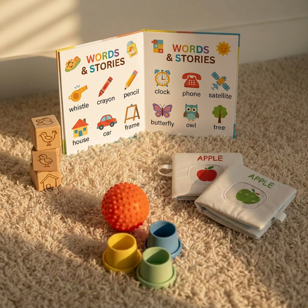 speech therapy A close-up, photographic view of a play-based speech therapy corner arranged on a plush, cream-colored rug. Wooden blocks engraved with simple symbols, soft fabric picture books in English and Urdu, and a bilingual storybook gently opened to a colorful page form the core of the scene. Nearby, a small, textured sensory ball and a set of nesting cups suggest activities for infants and toddlers. Diffused afternoon light from an unseen window bathes the space in a warm, even glow, with subtle shadows adding depth. The composition follows the rule of thirds, emphasizing the open book while the other materials lead the eye around the frame. The mood is calm, nurturing, and intellectually rich, matching a sophisticated, evidence-based therapy setting.