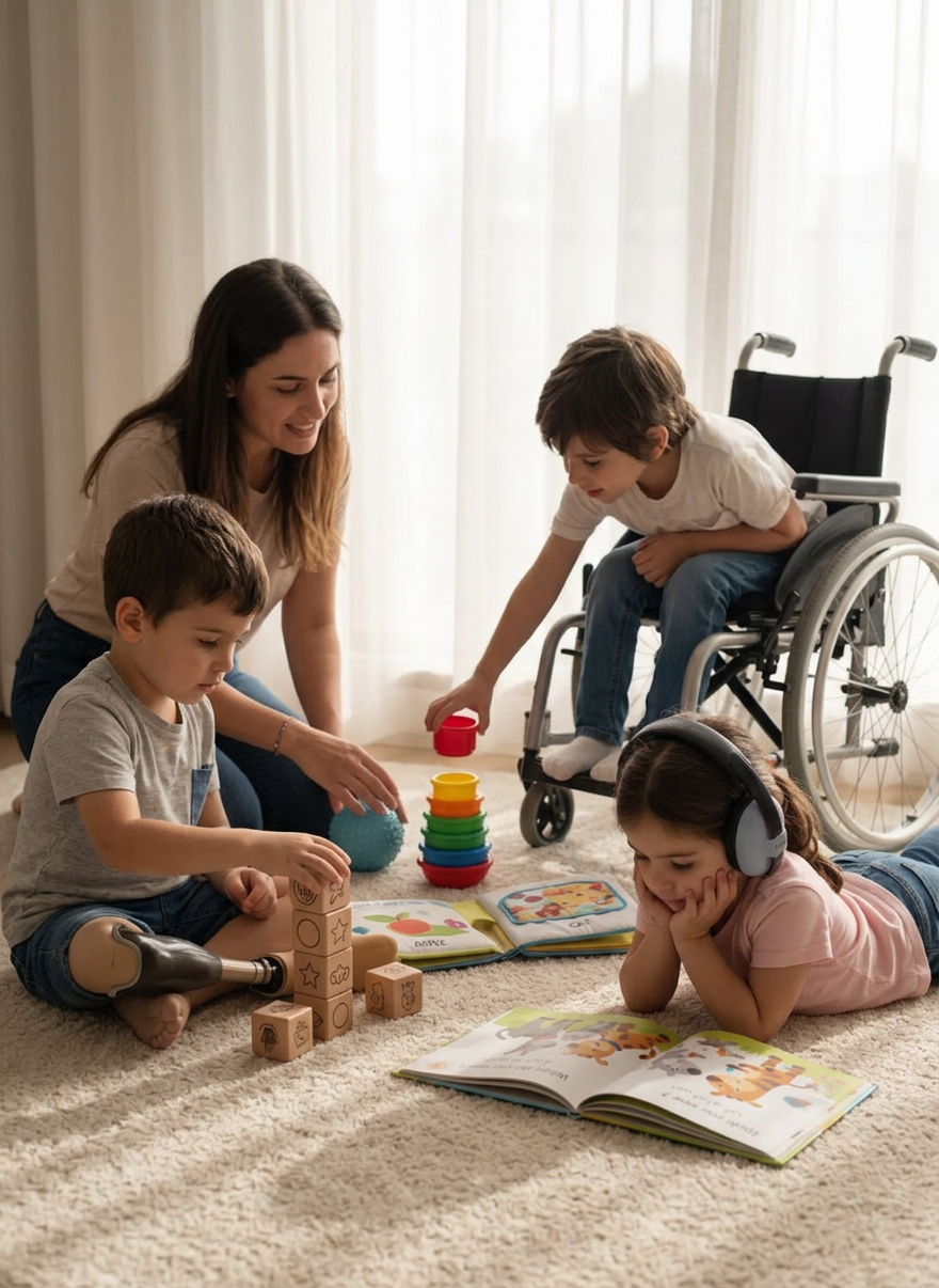 A close-up, photographic view of a play-based speech therapy corner arranged on a plush, cream-colored rug. Wooden blocks engraved with simple symbols, soft fabric picture books in English and Urdu, and a bilingual storybook gently opened to a colorful page form the core of the scene. Nearby, a small, textured sensory ball and a set of nesting cups suggest activities for infants and toddlers. Diffused afternoon light from an unseen window bathes the space in a warm, even glow, with subtle shadows adding depth. The composition follows the rule of thirds, emphasizing the open book while the other materials lead the eye around the frame. The mood is calm, nurturing, and intellectually rich, matching a sophisticated, evidence-based therapy setting.