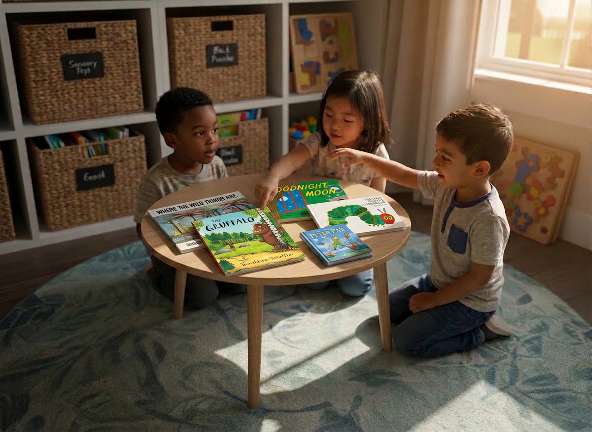 An inviting in-home therapy play space designed for preschoolers and school-age children, captured in photographic realism from a slightly elevated angle. A low, round table holds a structured board game for language development, colorful sequencing cards, and a small timer, all arranged in a tidy semicircle. Around the table, a soft floor mat displays a path of picture cards showing everyday actions and objects relevant to bilingual English-Hindi practice. Built-in shelves in the background contain neatly labeled bins and puzzles, subtly out of focus. Golden hour sunlight streams through a nearby window, creating a warm glow and elongated, gentle shadows. The atmosphere feels organized, nurturing, and thoughtfully planned, reflecting individualized, evidence-based speech therapy grounded in playful engagement.