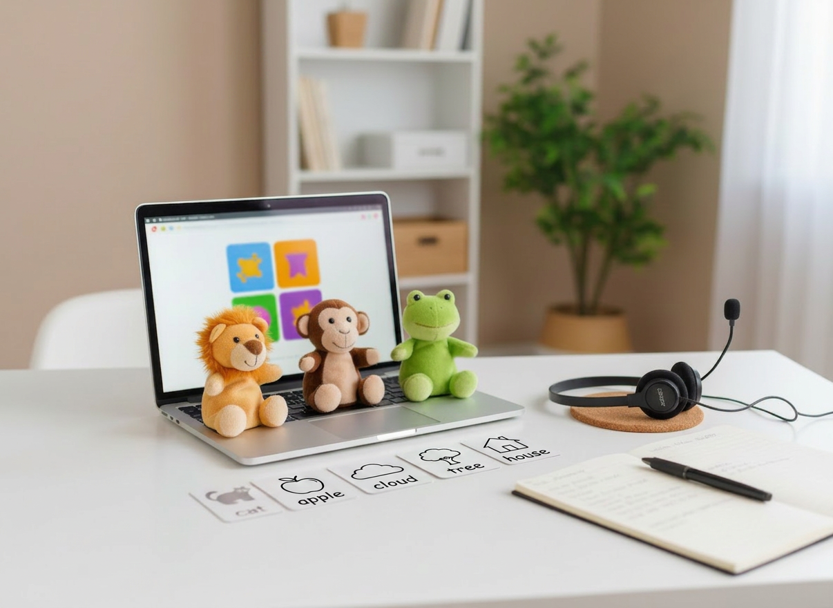 A minimalist home teletherapy setup for pediatric speech-language services, photographed in realistic detail on a sleek, white desk. A slim laptop screen displays a blurred, colorful interface of a child-friendly language game, while in front of the laptop a small row of neatly arranged plush animal puppets and articulation picture cards await use. To the side, a high-quality headset rests beside a notebook with a pen, suggesting detailed, individualized planning. The background shows a softly out-of-focus, well-organized home office with neutral walls and a single green plant. Soft studio lighting from the front evenly illuminates the laptop and materials, creating gentle reflections and a clean, modern atmosphere. The composition is centered with a slight angle, evoking professionalism, warmth, and accessibility for families.