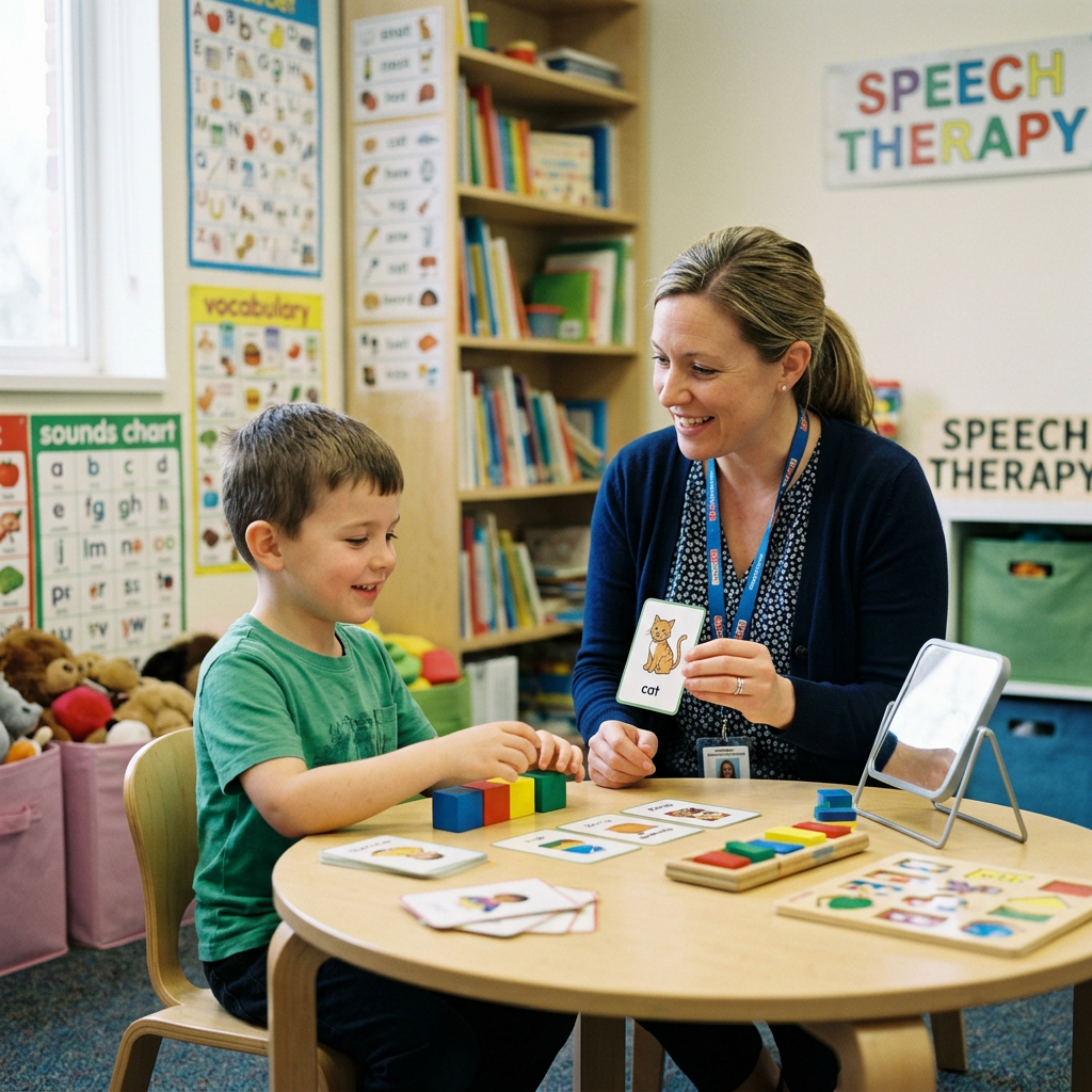 Speech therapist showing a cat flashcard to a smiling boy during therapy session