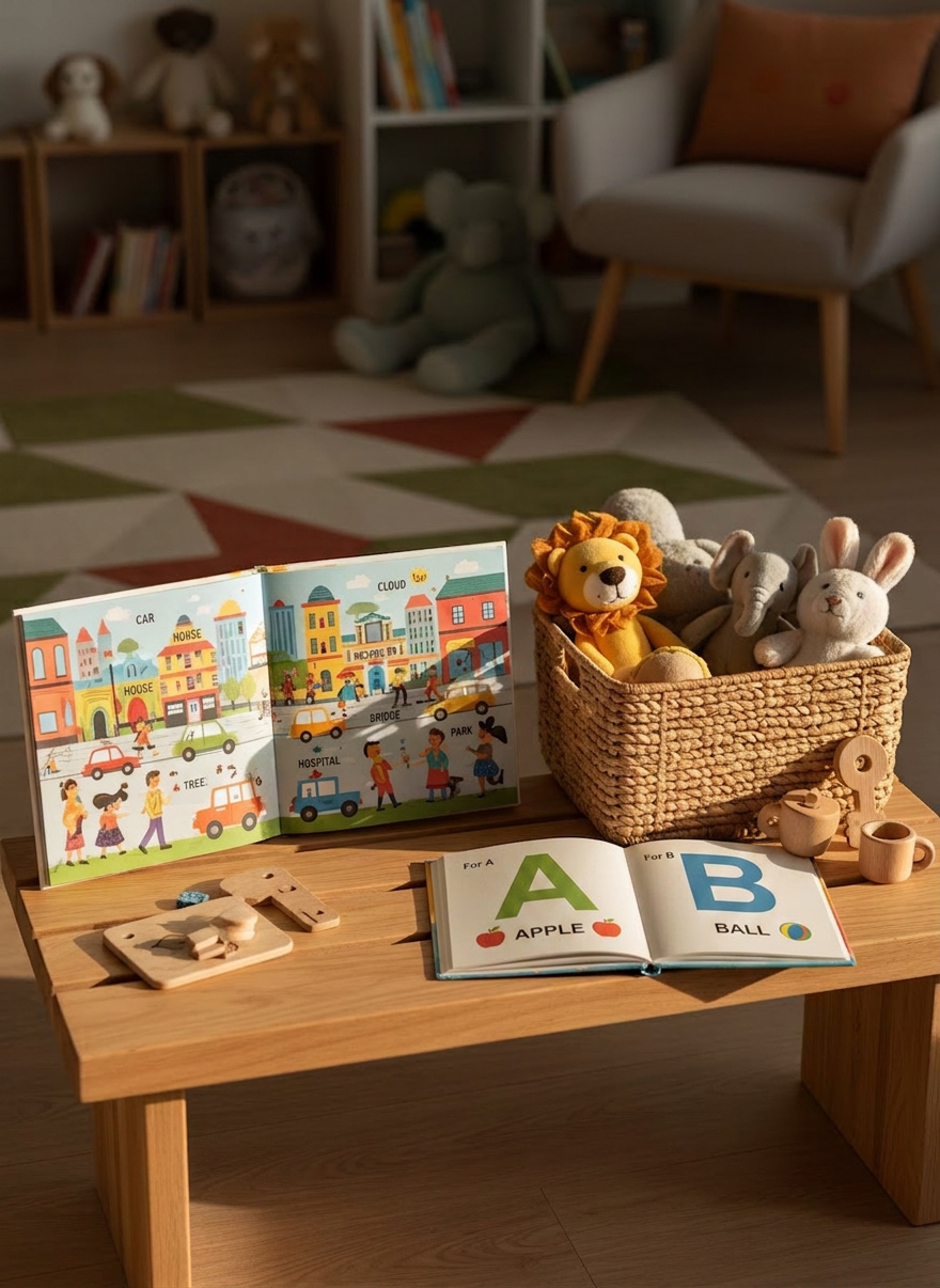 speech therapy A warm, bilingual storytime scene set up for early speech and language development, captured with photographic realism on a low, natural wood bench. A large picture book lies open, showing a richly illustrated city street labeled with simple words in English and Urdu, while beside it a second book features bold, phonetic sound symbols for practice. A small basket holds soft animal figures and everyday object miniatures for vocabulary building. Late afternoon light spills through an unseen window, casting soft, angled rays and delicate shadows across the pages. The background is subtly blurred, hinting at a cozy playroom with muted, sophisticated colors. The composition follows the rule of thirds, emphasizing the open pages and creating a calm, nurturing atmosphere that celebrates multilingual families.