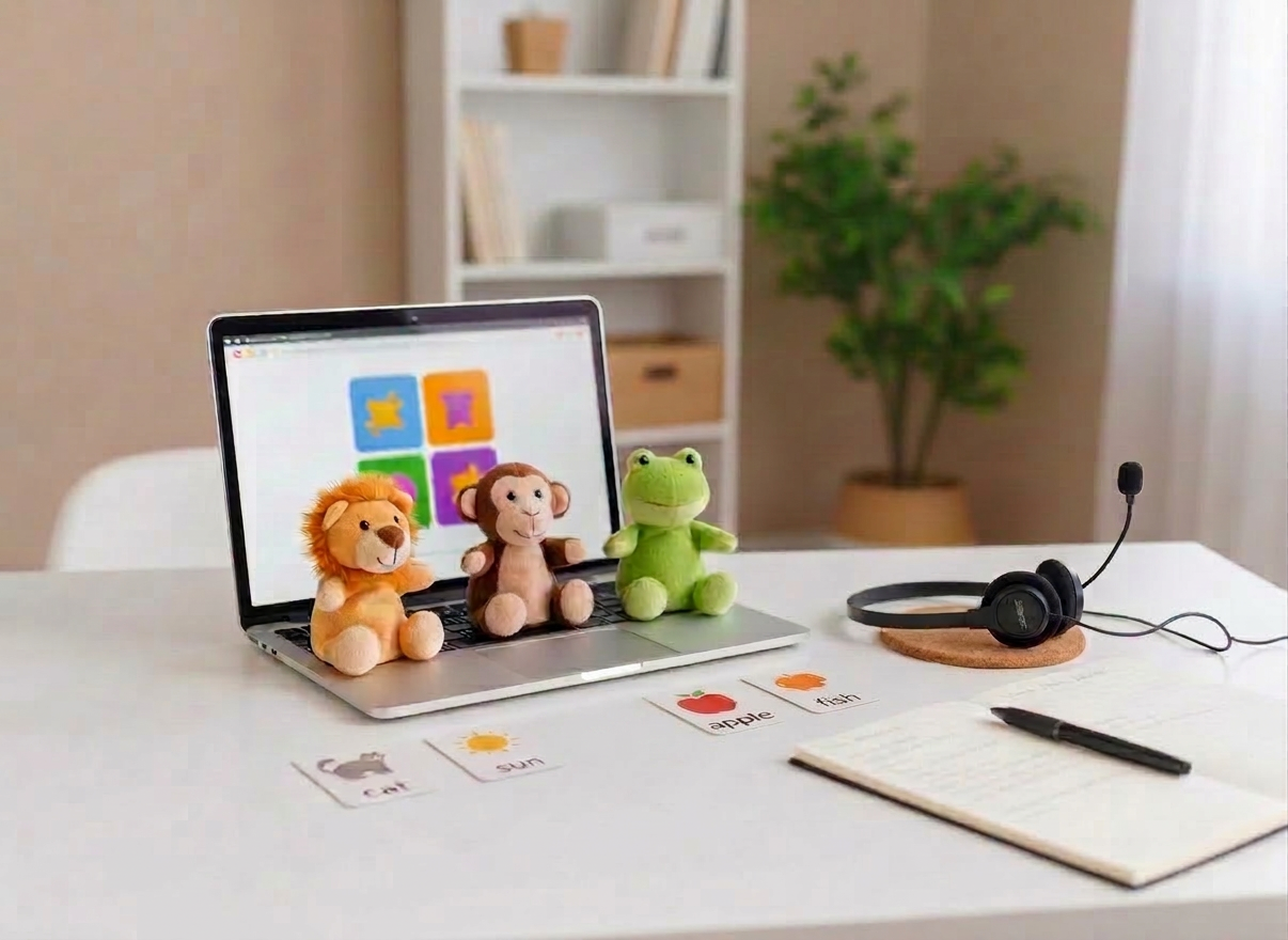 speech therapy A minimalist home teletherapy setup for pediatric speech-language services, photographed in realistic detail on a sleek, white desk. A slim laptop screen displays a blurred, colorful interface of a child-friendly language game, while in front of the laptop a small row of neatly arranged plush animal puppets and articulation picture cards await use. To the side, a high-quality headset rests beside a notebook with a pen, suggesting detailed, individualized planning. The background shows a softly out-of-focus, well-organized home office with neutral walls and a single green plant. Soft studio lighting from the front evenly illuminates the laptop and materials, creating gentle reflections and a clean, modern atmosphere. The composition is centered with a slight angle, evoking professionalism, warmth, and accessibility for families.
