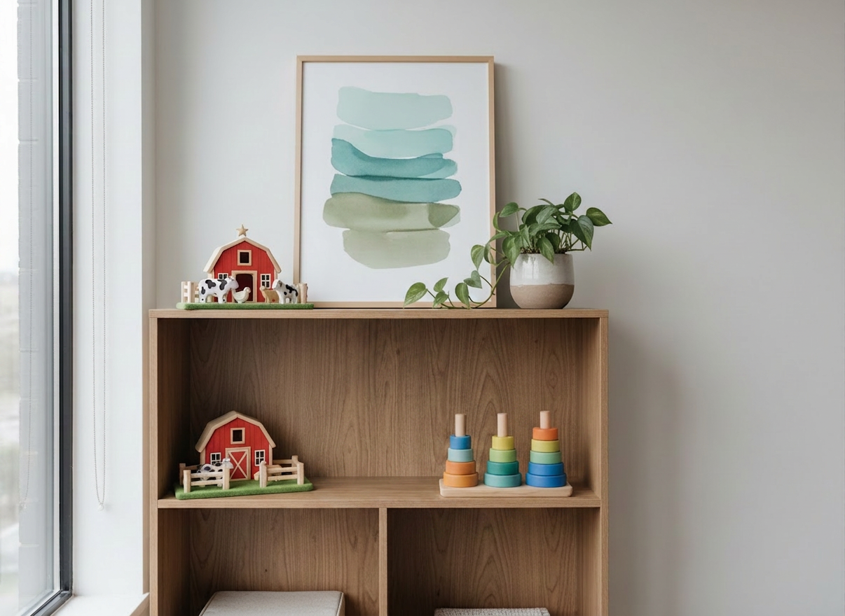 speech therapy A sophisticated, child-friendly therapy shelf vignette in photographic realism, framed closely at eye level. Open, light wood shelving holds a curated selection of language-rich toys: a wooden farm set for storytelling, stacked boxes with simple pictorial labels in multiple scripts, and a set of smooth, colorful stacking rings for toddlers. A framed, abstract print with soft blues and greens adds a calming accent above the shelf, while a small potted plant brings organic texture. Overcast daylight from a nearby window provides soft, diffused light with minimal shadows, emphasizing textures and subtle colors. The composition uses asymmetrical balance, with negative space to one side creating a serene, uncluttered feel. The mood is calm, intentional, and sophisticated, signaling high-quality, family-centered speech therapy services.