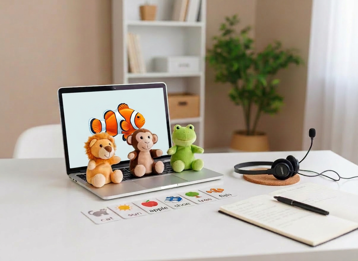 speech therapy A minimalist home teletherapy setup for pediatric speech-language services, photographed in realistic detail on a sleek, white desk. A slim laptop screen displays a blurred, colorful interface of a child-friendly language game, while in front of the laptop a small row of neatly arranged plush animal puppets and articulation picture cards await use. To the side, a high-quality headset rests beside a notebook with a pen, suggesting detailed, individualized planning. The background shows a softly out-of-focus, well-organized home office with neutral walls and a single green plant. Soft studio lighting from the front evenly illuminates the laptop and materials, creating gentle reflections and a clean, modern atmosphere. The composition is centered with a slight angle, evoking professionalism, warmth, and accessibility for families.